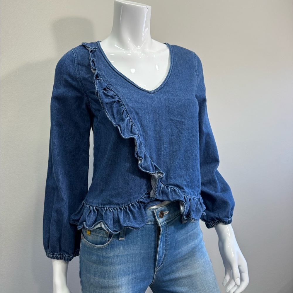 Madewell Ruffle V Neck Denim Blouse Blue Chambray Peplum Top Size S